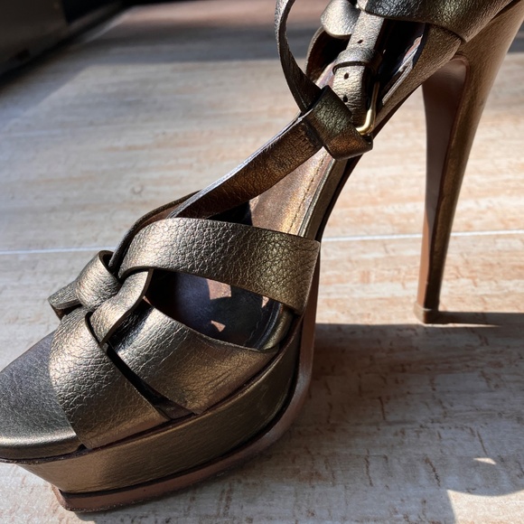 Yves Saint Laurent Tribute Platform Leather Pumps Dark Gold Metallic - Picture 7 of 11